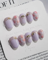 Lavender Rose press-on nails in extra short oval shape — Dreamy Light Purple, Hand-painted Roses & Metallic Outlines.