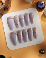 Lavender Rose press-on nails in medium stiletto shape — Dreamy Light Purple, Hand-painted Roses & Metallic Outlines.