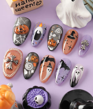 Lights Out handmade press-on nails featuring Glitter Halloween, 3D Pumpkin & Cross.