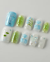 Lotus Breeze press-on nails in short square shape — Pearly and 3D Sculpted Florals