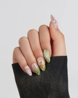 Lotus Koi press-on nails in short almond shape — Hand-painted Koi & Lotus with 3D Ripples
