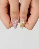 Lotus Koi press-on nails in short almond shape — Hand-painted Koi & Lotus with 3D Ripples