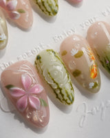 Lotus Koi handmade press-on nails featuring Hand-painted Koi & Lotus with 3D Ripples