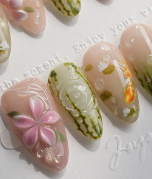 Lotus Koi handmade press-on nails featuring Hand-painted Koi & Lotus with 3D Ripples
