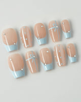 Love Gift - Blue press-on nails in short coffin shape — Fresh Sky Blue, Bows & Polka Dots.