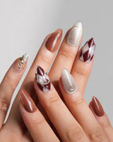 Luxury Vintage Gold | Ready to Ship short almond press-on nails with fall-inspired handmade nail art