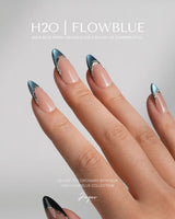 Malta Blue close-up of magnetic midnight blue shimmer and fine gold French outline