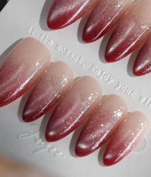 Mars Mist press-on nails — Nude-to-Deep-Vermilion Ombre Gradient, featuring