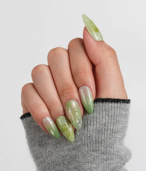 Matcha Chill Medium Almond press on nails, handmade custom nails by Joyeenails