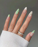 Matcha Ribbon press-on nails in short almond shape — Fresh Jelly Green, 3D Bows & French Pearl Outlines.