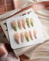 Matcha Ribbon Medium Stiletto press on nails, handmade custom nails by Joyeenails
