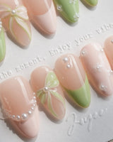 Matcha Ribbon handmade press-on nails featuring Fresh Jelly Green, 3D Bows & French Pearl Outlines.
