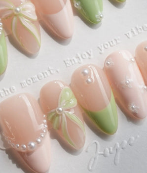 Matcha Ribbon handmade press-on nails featuring Fresh Jelly Green, 3D Bows & French Pearl Outlines.