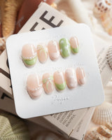 Matcha Ribbon Short Oval press on nails, handmade custom nails by Joyeenails