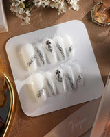 Metallic Patterned White Nails - Joyeenails - RY013 - XS / Medium Coffin