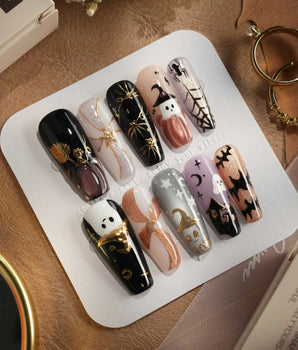 Midnight Bash press-on nails — Multicolor Halloween, 3D Metallic Spider & Ghost. handmade nail art by Joyee Nails