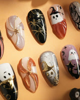 Midnight Bash press-on nails — Multicolor Halloween, 3D Metallic Spider & Ghost. handmade nail art by Joyee Nails