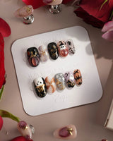 Midnight Bash press-on nails — Multicolor Halloween, 3D Metallic Spider & Ghost. handmade nail art by Joyee Nails