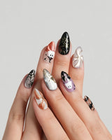 Midnight Bash press-on nail set — Multicolor Halloween, 3D Metallic Spider & Ghost. design, hand-painted with real gel polish