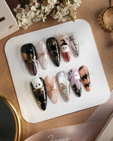 Midnight Bash press-on nails — Multicolor Halloween, 3D Metallic Spider & Ghost. handmade nail art by Joyee Nails