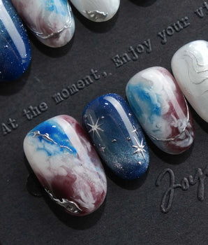 Midnight Short Oval dark blue press on nails with blue marble handmade nail art - image 1