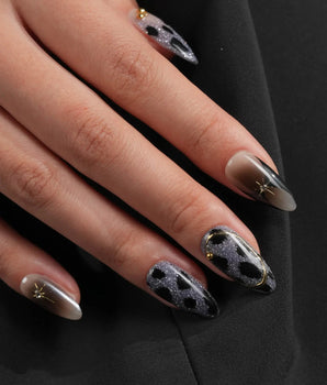 Midnight Muse press-on nails — Shimmering Silver & Obsidian