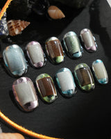 Mirrorplay short oval nails with colorful square cat-eye reflections and futuristic mirror shine