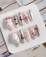 Miss Miffy medium stiletto press-on nails with 3D rabbit, cherries and silver metallic accents