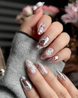 Miss Miffy press-on nails with silver metallic details, 3D rabbit art and cherry accents