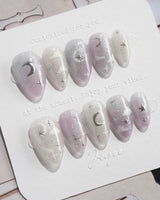 Moonrest handmade nails with dreamy ombre, silver stars, and crescent moon accent