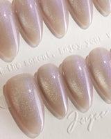 Moonstone press-on nail set — pearl lavender cat eye shimmer design, hand-painted with real gel polish