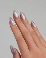 Moonstone nail art close-up showing pearl lavender cat eye shimmer details