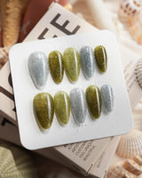 Moss Code Medium Almond press on nails, handmade custom nails by Joyeenails