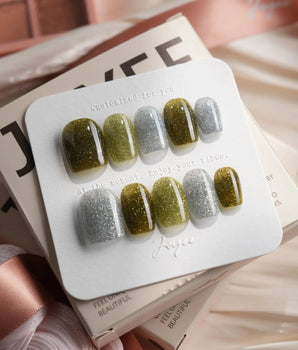 Moss Code Extra Short Square press on nails, handmade custom nails by Joyeenails