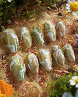 Mosses - Nightlight Moss handmade press-on nails featuring Vintage Herbal Green, Marble Texture & Gold Foil Accents.