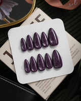 Mulberry leopard cat eye press on nails, cool plum base with a lilac shimmer band and hand-painted black leopard spots - image 2