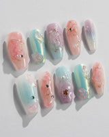 My Backyard press-on nails in medium coffin shape — Icy Multicolor, 3D Gold Wire Florals.