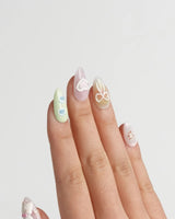 My Kitty press-on nails in short almond shape — Healing Macarons, 3D Cute Cat & Paw Print Doodles.