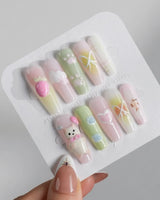 My Kitty press-on nails in long coffin shape — Healing Macarons, 3D Cute Cat & Paw Print Doodles.