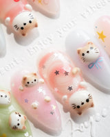 My Lulu press-on nail set with 3D kittens, soft pink and sage green art