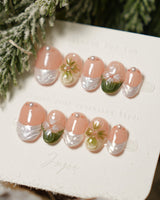 Duchess Olive nails with soft nude base, olive French tips, and sculpted flowers