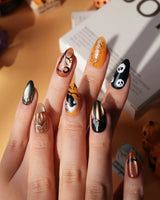 Nevermore press on nails with a black cat on a 3D copper pumpkin, a raven on a branch under an amber moon, ghosts and bats - image 2