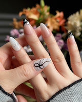 New Year Glam press-on nails — Classic Black & White, 3D Bows & French Outlines. handmade nail art by Joyee Nails