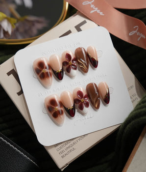 Nightbloom Short Almond floral press on nails with brown floral 3D handmade nail art - image 1