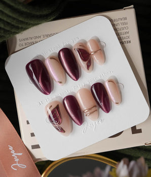 Nightcap Medium Almond burgundy press on nails with purple fall handmade nail art - image 1