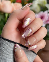 Falling Sakura handmade press-on nails featuring Elegant Rosy Mauve, Hand-painted Blooms & Pearls.