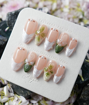 Duchess Olive 3D Floral Press-On Nails handmade press-on nails featuring Olive green, 3D French Floral.