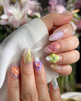 Orchid-Extra Glow press-on nails — Colorful Summer, 3D Orchids & Shell Textures. handmade nail art by Joyee Nails