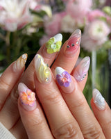 Orchid-Extra Glow press-on nail set — Colorful Summer, 3D Orchids & Shell Textures. design, hand-painted with real gel polish