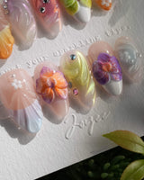 Orchid-Extra Glow handmade press-on nails featuring Colorful Summer, 3D Orchids & Shell Textures.